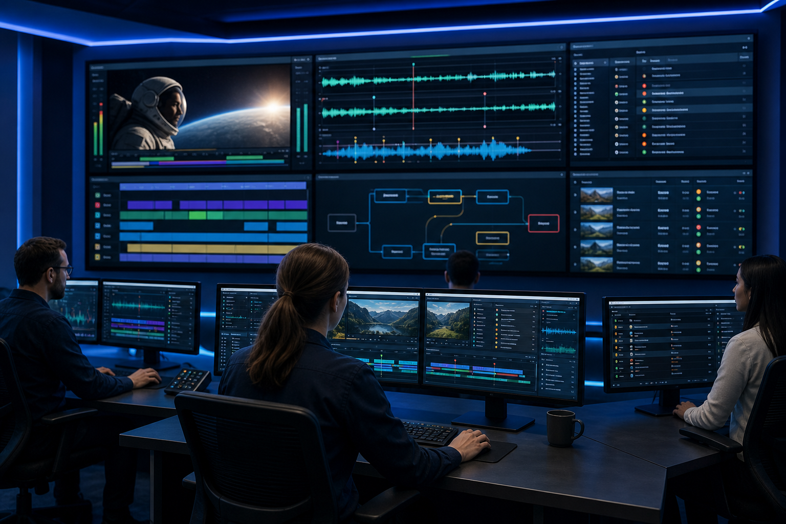Media operations team reviewing AI-flagged quality control issues before delivery