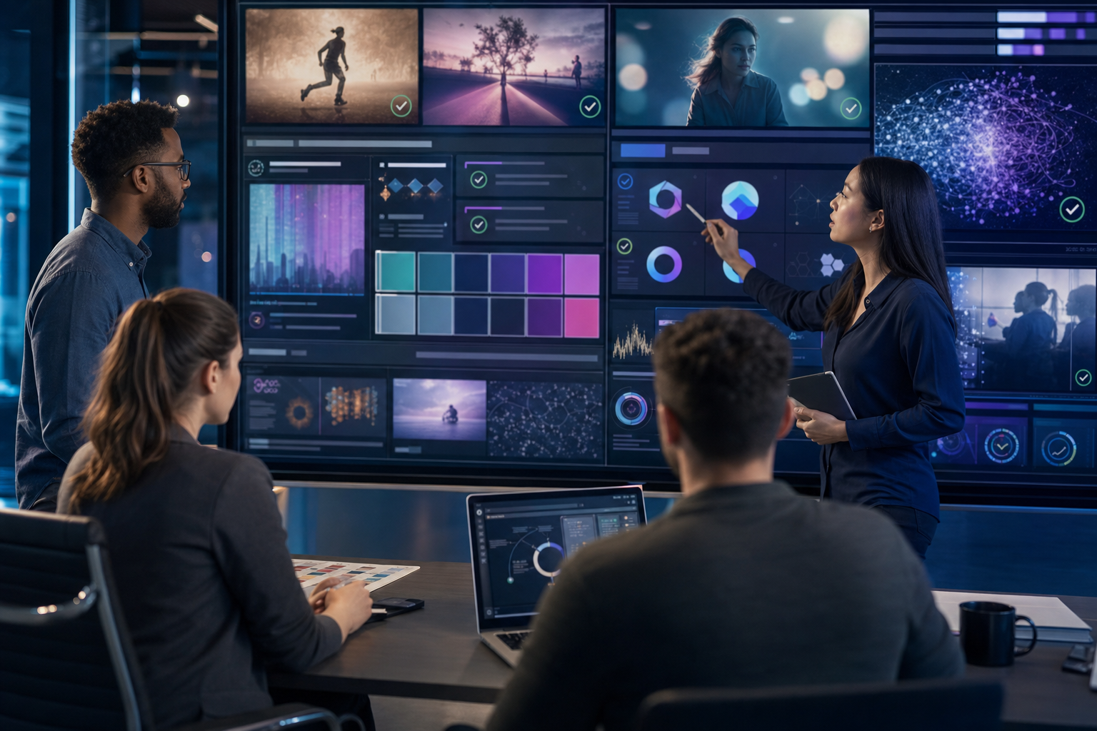 Enterprise media operations team reviewing AI-assisted brand quality control signals across video assets