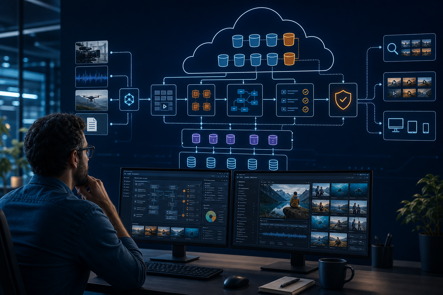 Software engineer reviewing a cloud architecture dashboard for a Media Lake on AWS implementation