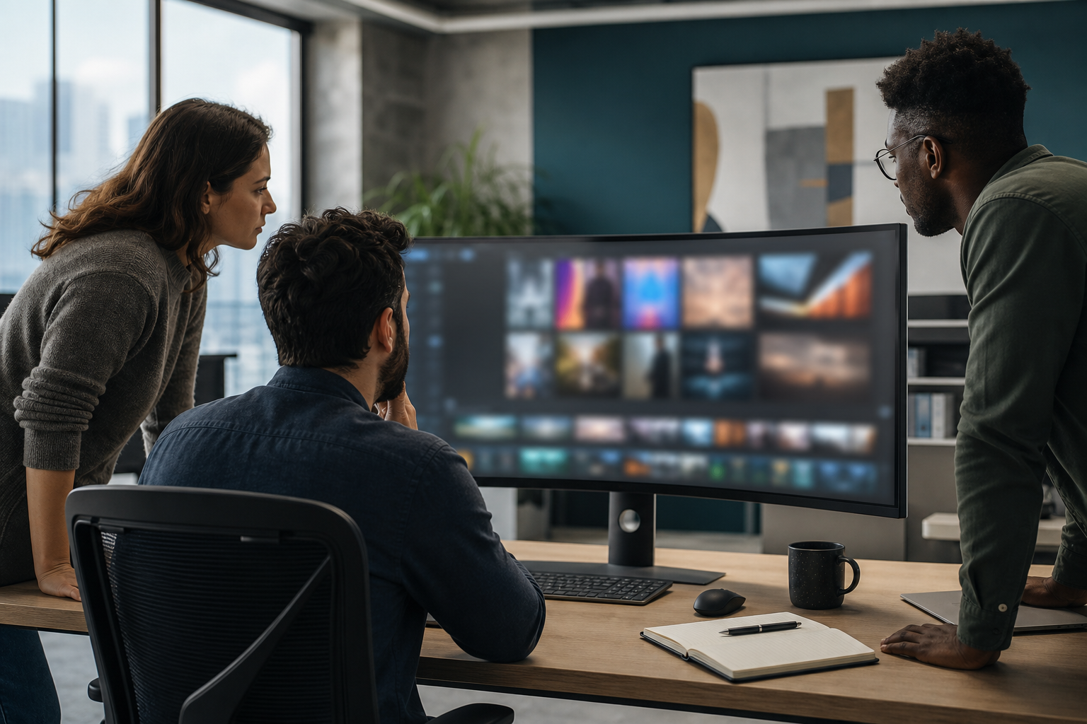 Team evaluating media asset management options with a checklist on a modern media operations workspace