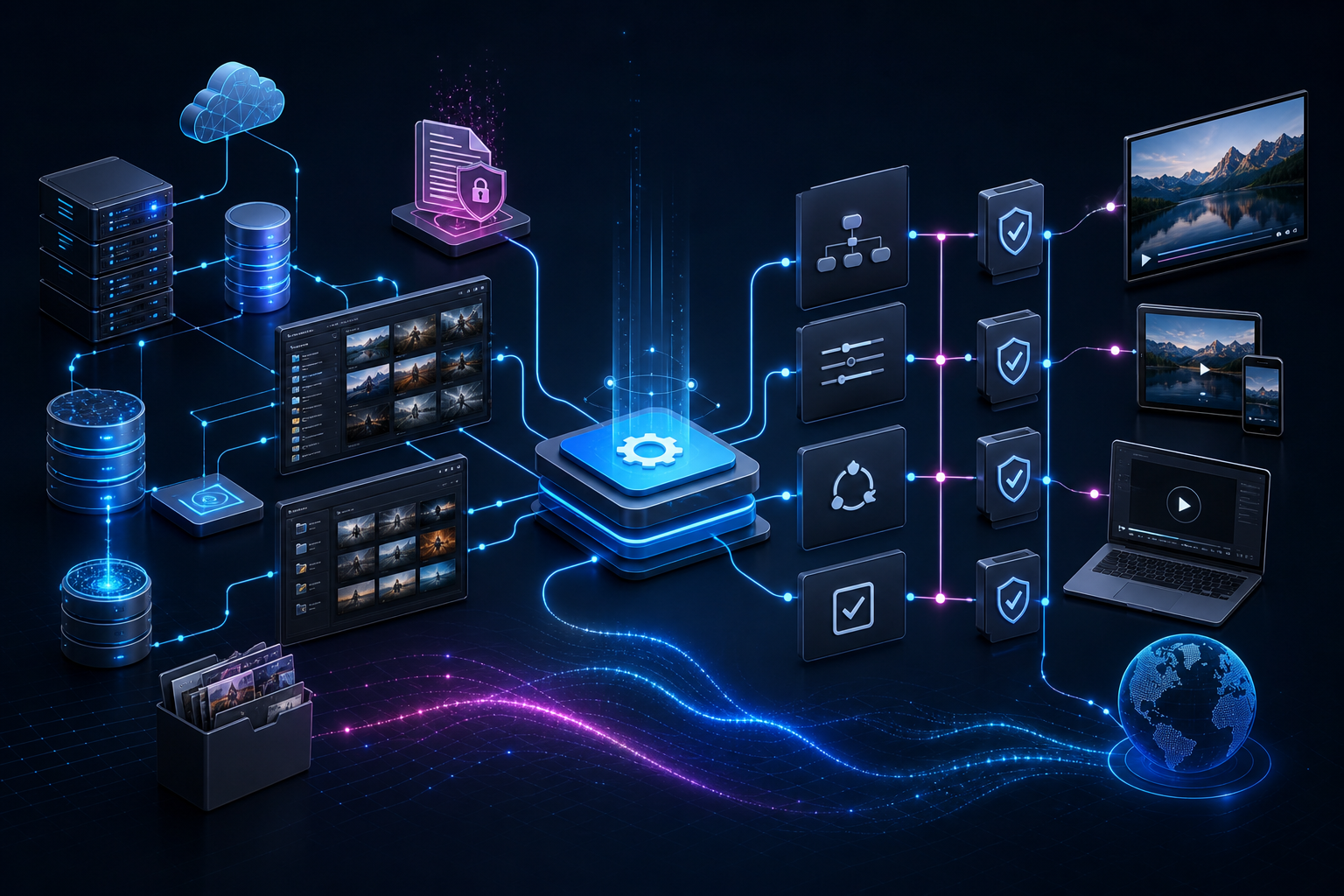 Connected media workflow map showing storage, rights, orchestration, approvals, and delivery endpoints.