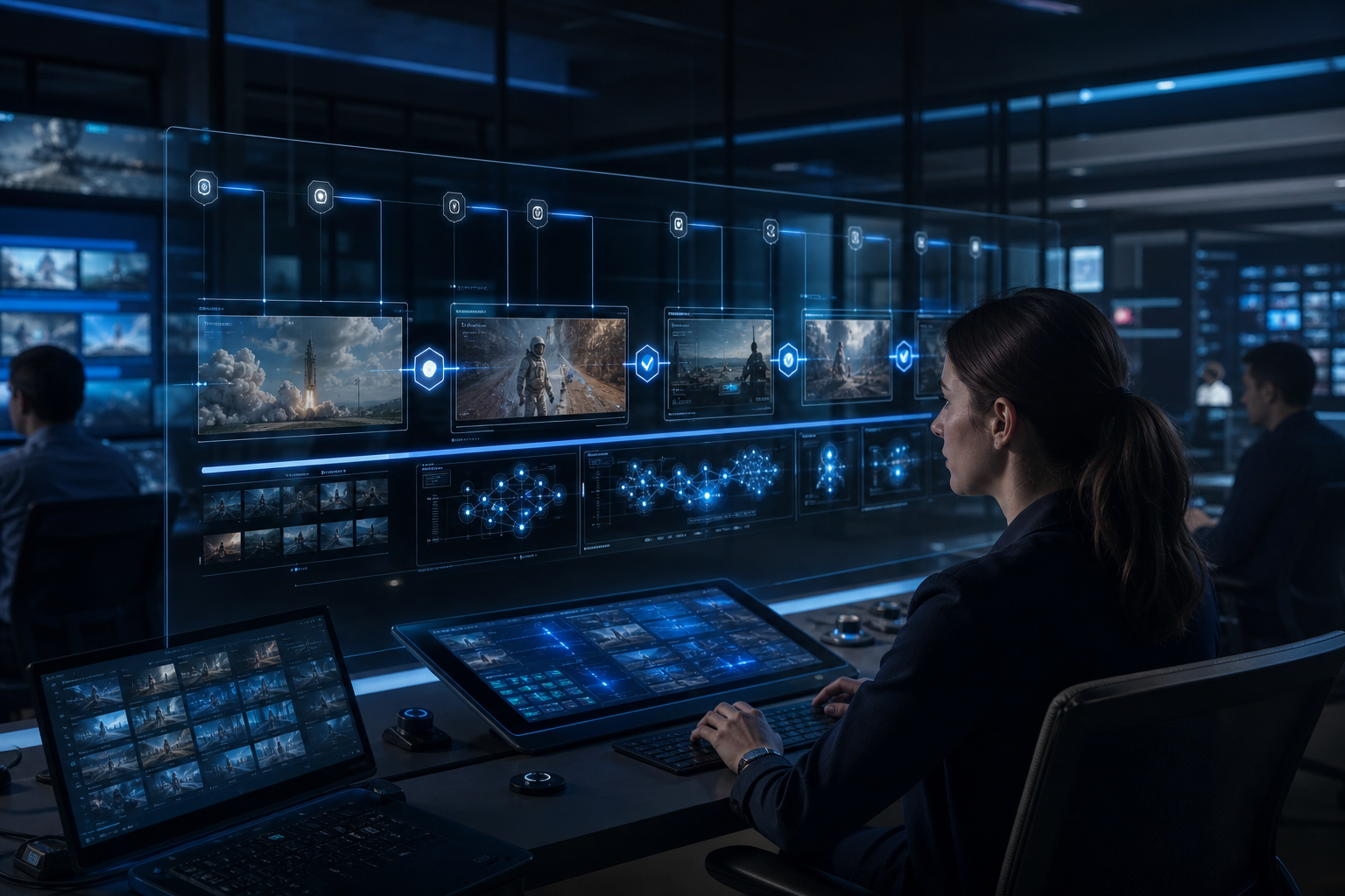 Futuristic media operations control room with AI-assisted workflow checkpoints